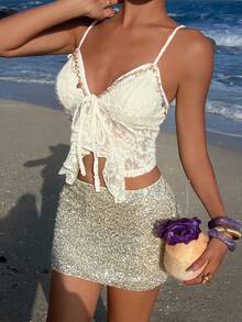 Opulessa 春夏度假优雅休闲沙滩女式纯色针织吊带背心，荷叶边下摆，春夏度假上衣，优雅派对上衣，奢华晚装，适合婚礼、毕业典礼、庆典、伴娘等场合 - 杏色 - 查看 4