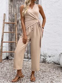 SHEIN Holidaya Bộ áo liền quần không tay buộc dây bằng vải lanh thoải mái, thích hợp cho nữ, kiểu dáng thường ngày đi nghỉ mát, mùa xuân/hè. - Màu be - Xem 7