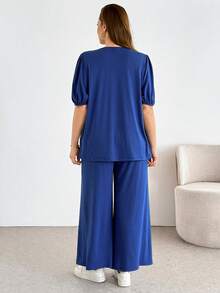 SHEIN Essnce Plus-Size Women's Summer Cute Everyday Blue And White 2pcs Set,Fashionable Casual Loose Bow-Tie Top & Wide-Leg Pants,Vacation Outfits For Mother - Blue - View 2