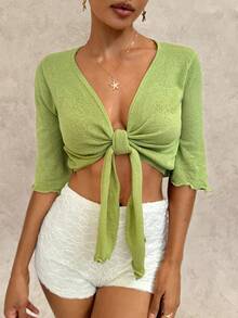 Glamine 女士休闲纯色系带针织上衣 - 橄欖綠 - 查看 4