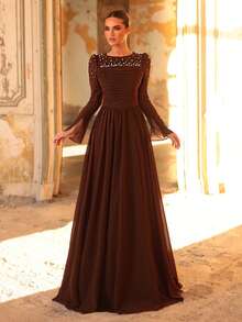 Aureia Elegant Brown Chiffon Round Neck Long Sleeve Hand-Embellished Pearls Pleats High Waist Large A-Line Skirt Luxury Evening Gown Wedding Party - Coffee Brown - View 5