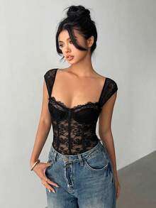 Aloruh 女士时尚法式性感蕾丝连体衣 - 黑色 - 查看 4