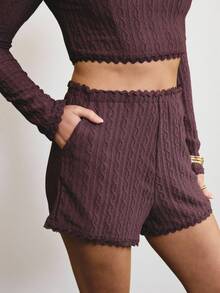 Aralina 2pcs Women Solid Color Lace Patchwork Square Neck Long Sleeve Top And Shorts Set - Burgundy - View 6