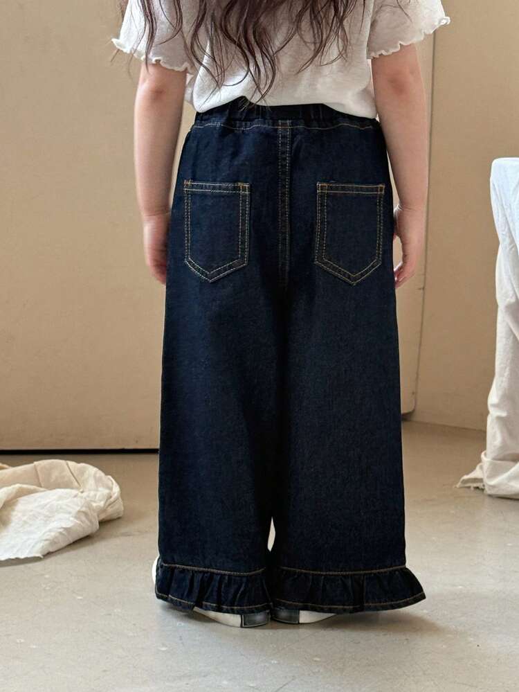 Toddler Girls' Casual Washed Vintage Korean Style Versatile Ruffle Hem Loose Wide Leg Jeans