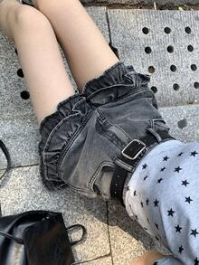 DAZY 女士复古水洗荷叶边灰色牛仔短裤，韩版夏季牛仔短裤 - 藍色 - 查看 1