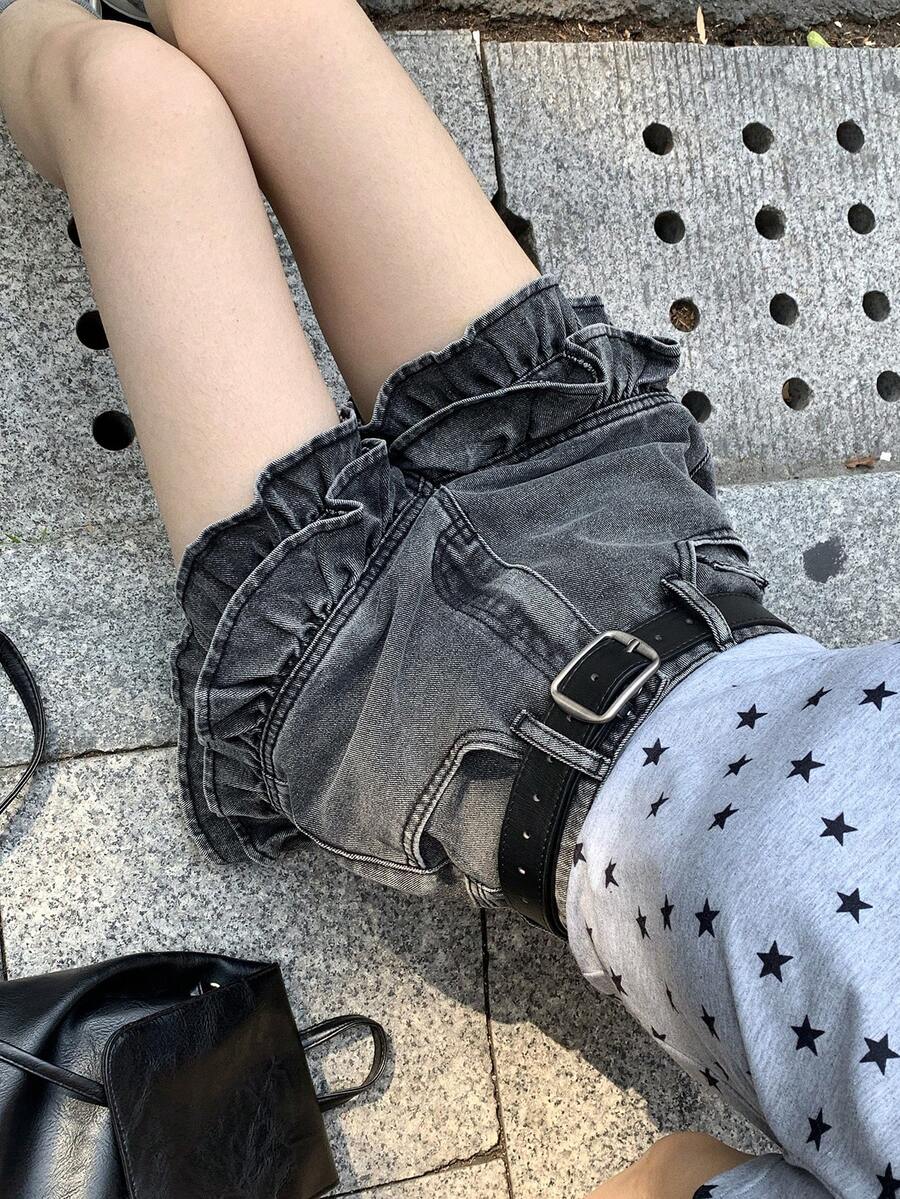 DAZY 女士复古水洗荷叶边灰色牛仔短裤，韩版夏季牛仔短裤 - 藍色 - 查看 1