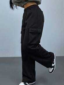 SHEIN Tween Girls' Casual Knitted Patch Pocket Overalls Style Sweatpants, Autumn/Winter - Black - View 9