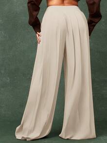 Vixey High Waist Pleated Detail Wide Leg Elegant Pants - Apricot - View 5