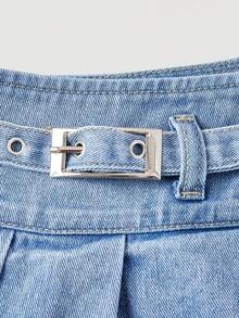 SHEIN MOD Women's Casual Pleated Denim Mini Skirt, Summer - Blue - View 3