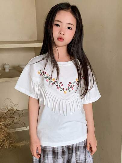 DAZY 女童（小号）花卉刺绣休闲流苏边圆领短袖T恤