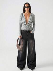 LYSMO 女士纯色深V领性感长袖上衣 - 淺灰色 - 查看 3