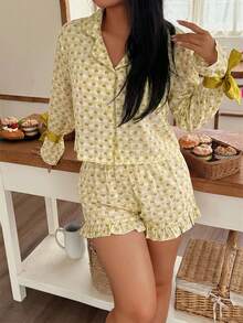 Heart Print Bow Tie Sleepwear Set For Women - Mustard Yellow - View 3