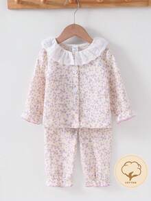 SHEIN Baby Girls Fall Autumn/Winter Pajamas-2 Pieces Floral Ruffle Collar Pajama Set Pink Pastel Long Sleeve Round Neck Button Front Pants Two Pieces Cozy - Purple - View 5