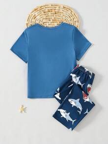 2pcs Young BoyCasual Blue Top And Shark Print Soft Comfortable Pajama Set - Multicolor - View 2