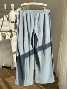 Comfortcana Woven Fabric Plus Size Blue Straight Leg Pants With Strips And Drawstring Waists - Blue - View 2
