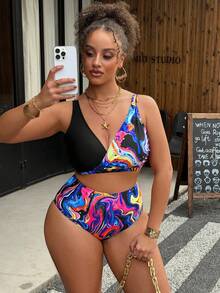 Slaydiva Women's Summer Beach Marble Print Sexy Bikini Swimsuit Set - Multicolor - View 1