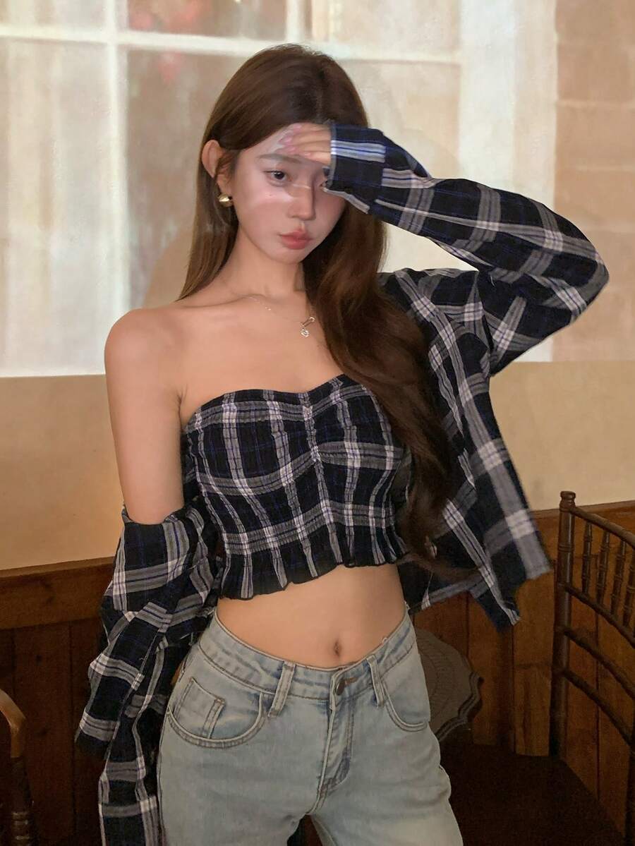 DAZY Top corto tubo con volantes en el bajo y camisa con botones con estampado de cuadros - Albaricoque - Ver 1