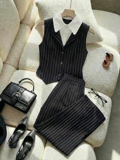 Teen Girl Elegant Commuter Urban College Contrast Collar Cardigan + Suit Pants Top Set