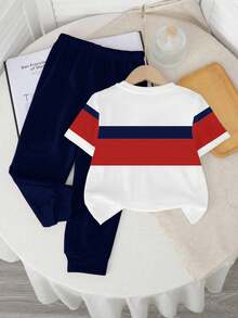 Baby Boys' Casual Striped Pattern Round Neck Short Sleeve Top And Pants Set - Multicolor - View 3