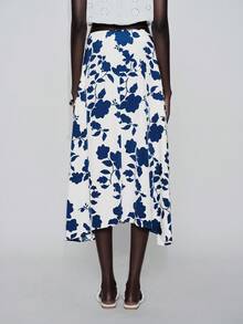 Lumivelle Women's Casual Vacation A-Line Low Waist Blue Floral Print Skirt Long Floral Skirt Flower Skirt Skirt Midi - Blue - View 2