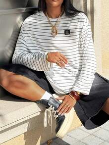 Muchica Plus Striped Print Drop Shoulder Tee - White - View 5