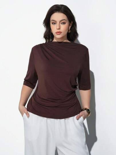 Maija Plus Size 2026 Spring/Summer New Brown Top, Asymmetric Shoulder Ruffle Design Short Sleeve, Fitted Silhouette, Versatile Casual Business Office Wear For Women, Loose Comfortable Modern Elegant Urban Romantic Dignified Vintage Style, Suitable For Wedding Guest, Birthday, Business, Casual, Date, Party, Valentine's Day