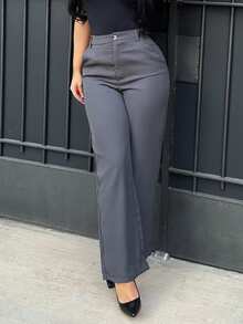 Vassilux Women Plain Pocket Wide Leg Loose Casual Pants - Dark Grey - View 3