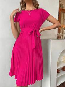 Calvaya Pleated Hem Self Belted Dress Burgundy Color Women Outfit - Hot Pink - View 4