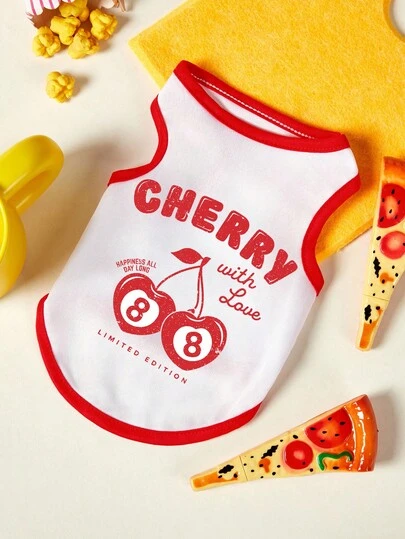 PETSIN 1pc Red Cherry Letter Printed Pet Vest With Red Edging And White Background, Sports Style, Breathable And Skin Friendly Pet Clothing