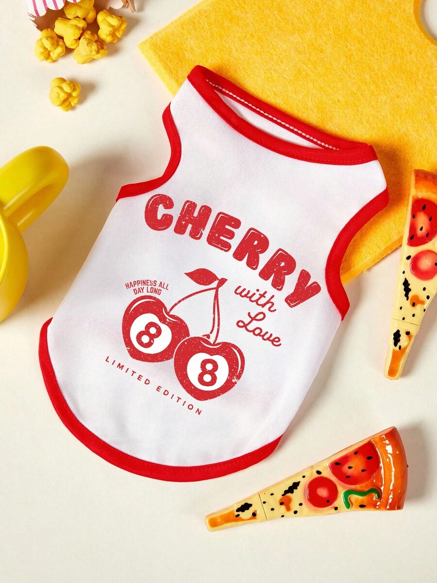PETSIN 1 pieza Chaleco de mascota con estampado de letra de cereza roja con borde rojo y fondo blanco, estilo deportivo, ropa de mascota transpirable y amigable con la piel - Multicolor - Ver 1