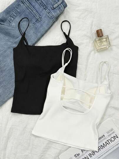 Tseoso 休闲百搭两件装吊带背心，内置胸垫 - 白色、黑色罗纹背心设计，完美的夏季上衣，适合全年穿着。居家、休闲外出和运动的理想之选。舒适时尚的吊带背心，可单穿或叠穿。