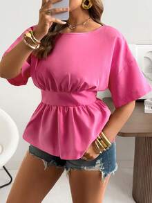 Ceyna Blusa de mujer talla grande de unicolor con cuello redondo, cintura ceñida y mangas cortas de hombros caídos - Rosa - Ver 3