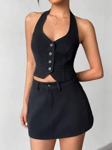 Aloruh Bộ áo hở lưng cài nút phía trước và chân váy denim thường ngày cho nữ - màu đen - Xem 5