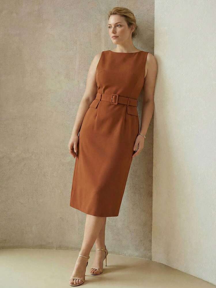 PLUS ELEGANT BOAT NECK SLEEVELESS STRAIGHT MIDI DRESS