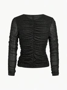 MOTF PREMIUM FASHIONABLE SHINY GATHERED RUCHED DETAIL STRETCHY KNIT LONG SLEEVE T-SHIRT, AUTUMN/WINTER - Black - View 2