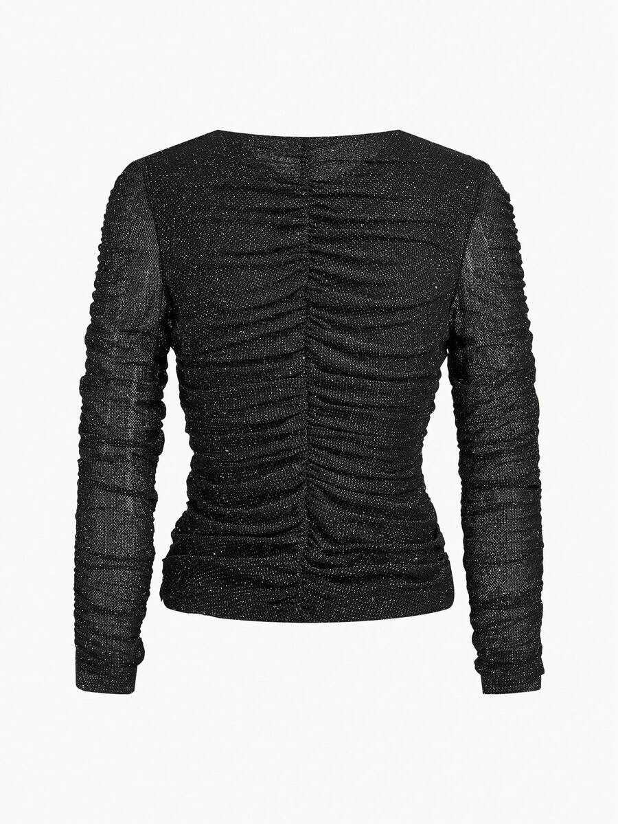 MOTF PREMIUM FASHIONABLE SHINY GATHERED RUCHED DETAIL STRETCHY KNIT LONG SLEEVE T-SHIRT, AUTUMN/WINTER - Black - View 2