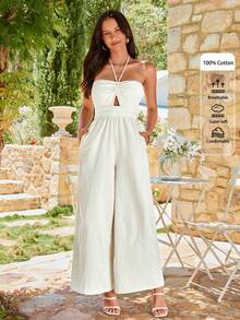 KARISMINA 女士时尚优雅休闲度假露背连体裤，露背设计，时尚休闲宽松版型，米色连体裤 - 白色 - 查看 7