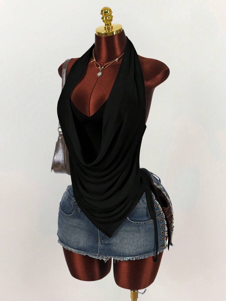 Amplova Women's Plunging Neck Double Layer Side Ruched Backless Halter Top Summer Clothes Women - Black - View 1