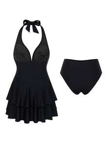 Swim Lushoire 女士夏季度假休闲沙滩装纯黑色女士泳裙比基尼挂脖系带泳衣套装 - 黑色 - 查看 2