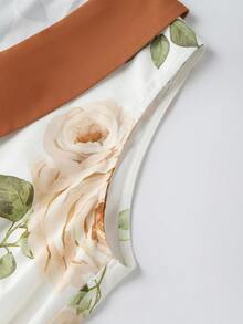 GlowEve Women's Rose Print Waist Tie A-Line Contrast Collar Elegant Everyday Vacation Commute Fashion Valentine's Day Date French Street Retro Versatile Party Brown Rose Print Early Spring/Autumn Sleeveless Mid-Length Dress - Multicolor - View 8