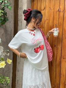 MainGRL SHEIN Spring/Summer Youthful And Energetic Casual Vacation Two-Piece Set: Cherry Blossom Print T-Shirt And White Lace Skirt, Perfect For Vacations, Leisure, And Everyday Wear. - White - View 7