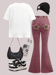 Bộ đồ 2 món cho bé gái tuổi teen, kiểu dáng thường ngày, họa tiết da báo và ngôi sao, gồm áo thun cổ tròn tay ngắn dáng rộng và quần ống loe, thích hợp cho mùa thu. - trắng - Xem 2