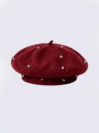 Grunge Punk 1pc Punk Style Circular Hollow Rivet Beret Hat, Y2K Round Pendant Newsboy Cap, Daily Personalized Fashion Item