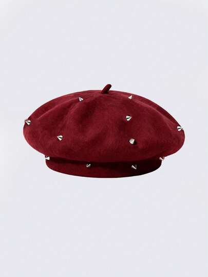 Grunge Punk 1pc Punk Style Circular Hollow Rivet Beret Hat, Y2K Round Pendant Newsboy Cap, Daily Personalized Fashion Item