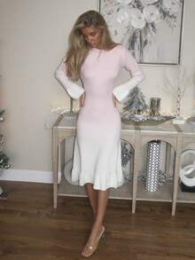 Sydney Algeri Women's Autumn/Winter New Round Neck Ombre Unique Design Ruffle Hem & Cuff Fashionable Elegant Elegant Date Casual Fitted Knit Midi Sweater Dress - Pink - View 5