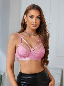 1件装女士牛奶丝水钻装饰无钢圈文胸 - 粉色 - 查看 1