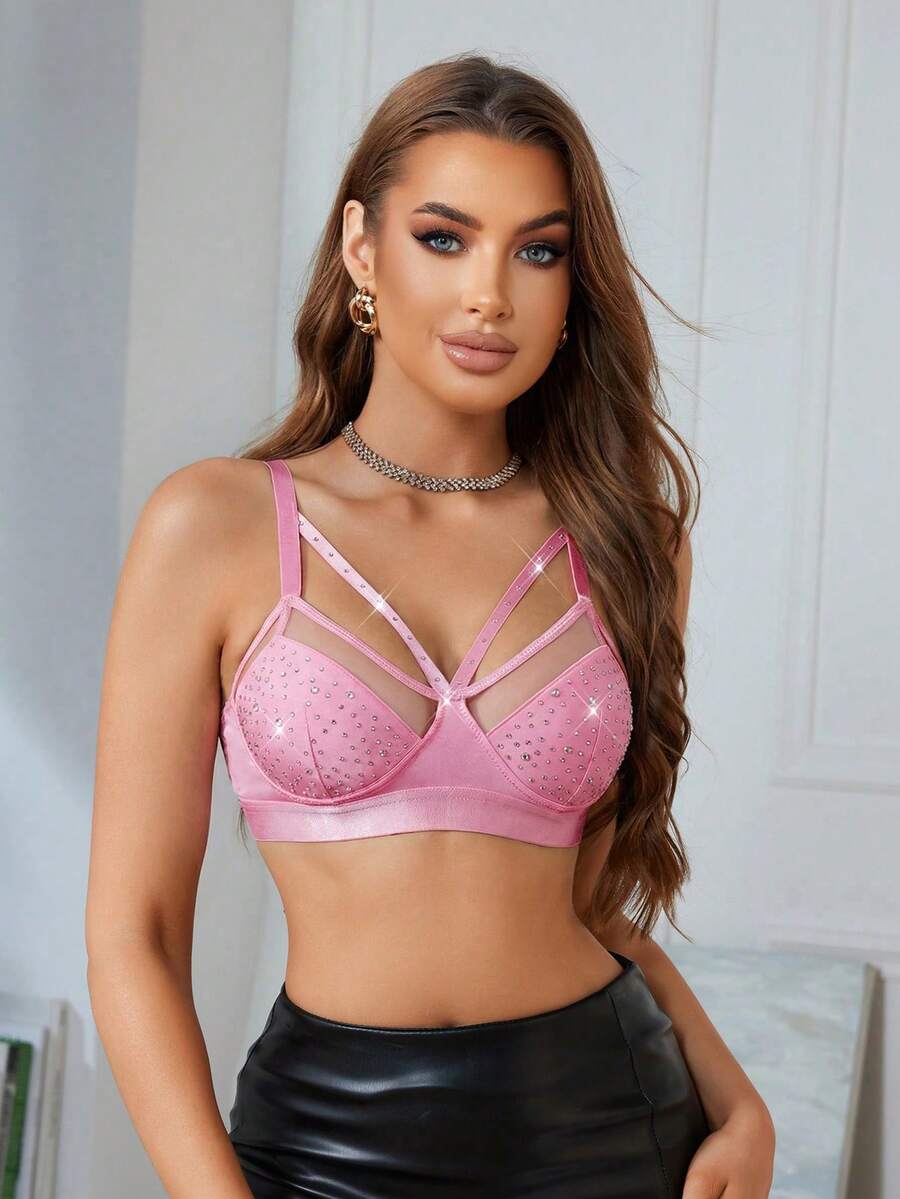 1件装女士牛奶丝水钻装饰无钢圈文胸 - 粉色 - 查看 1