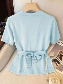 GlowEve 蓝色独特设计V领长袖金属纽扣针织开衫，腰部收紧不对称纽扣设计，优雅女士款，春夏款 - 彩色 - 查看 2