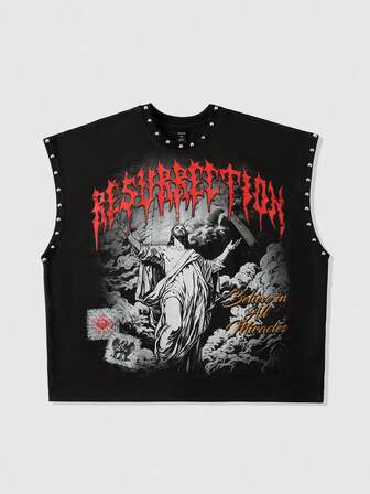 Street Life Débardeur décontracté pour hommes, style mode de rue punk rock, imprimé lettres Jésus, rivets, ample, pour l'été