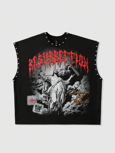 Street Life Canotta casual da uomo in stile punk rock da strada, con stampa della scritta "Jesus", rivetti e vestibilità ampia, adatta per l'estate